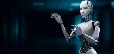 Robot Cyborg 3D görüntüsü bulanık arkaplanda. Yenilik teknolojisi robotlaştırma