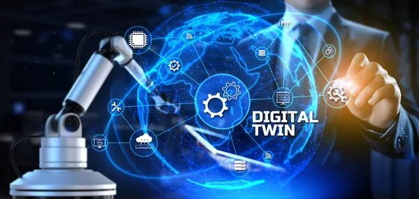 Digitale Zwillingstechnologie und Automatisierungstechnologie für die Fertigung. 3D rendern Roboterarm Stockbild