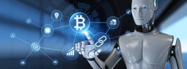 Bitcoin şifreli para birimi BTC ticareti. Ekran 3 boyutlu görüntülemedeki robot düğmesine bas.