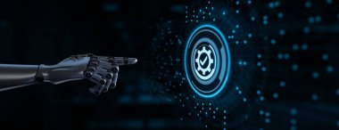 Standart standartlaştırma sertifikası kalite kontrol güvencesi. Robot el 3D görüntüleme düğmesine basar.