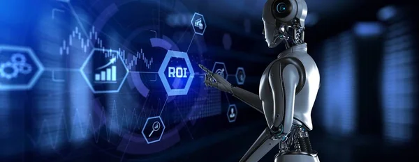 ROI Retorno de la inversión. Robot presionando el botón virtual 3d render illustration. —  Fotos de Stock