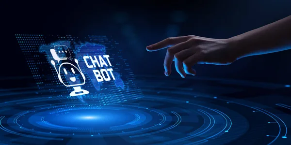 Chatbot chat bot automazione del servizio clienti. Pulsante di pressione a mano sullo schermo virtuale. — Foto Stock