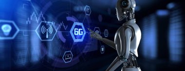 6G yüksek hızlı kablosuz mobil internet bağlantısı teknolojisi kavramı. Sanal düğmeye basılı 3D görüntüleme robotu.