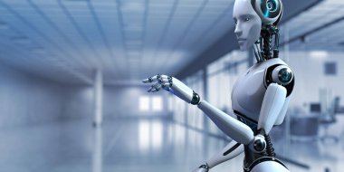 Robot Cyborg 3D görüntüleme. Yapay zeka makinesi öğrenmesi