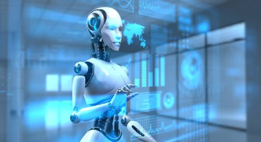 Cyborg Robot 3 boyutlu görüntüleme. Robotik işlem otomasyon RPA veri analizi