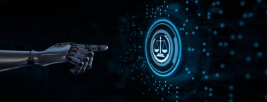 İşçi Hukuku Siber Uyum Savunucu İş Konsepti. Robot el 3D görüntüleme düğmesine bas.
