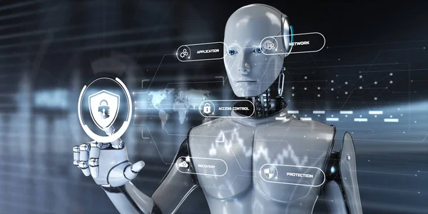 Cyber Security Data Protection Antivirus Technologie-Konzept. Roboter drückt Taste auf dem Bildschirm 3D-Renderer. — Stockfoto