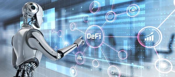 DeFi Dezentrale Finanzierung Kryptowährung digitales Geld Konzept auf virtuellem Bildschirm. 3D-Render-Roboter drückt Taste — Stockfoto