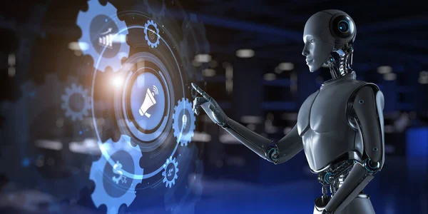 Werbung Marketing Automatisierungstechnologie Konzept. 3D-Renderroboter drückt virtuelle Taste. — Stockfoto