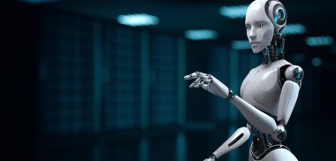 Robot Cyborg 3D görüntüleme. Yapay zeka makinesi öğrenmesi