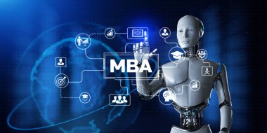 İşletme yüksek lisansı. Robot Sanal düğmeye basar 3D canlandırma