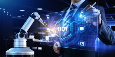 IIOT Endüstriyel İnternet. İş endüstriyel teknoloji kavramı. Robot 3d görüntüleme