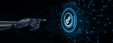 Bütünleşme veri sistemi teknoloji kavramı. Sanal düğmeye basılı robot el 3D görüntüleyici.