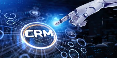 CRM Customer relationship management software system. Business technology concept. 3d render robot pressing button