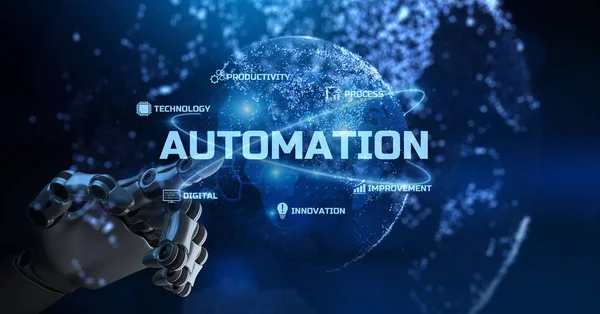 Automação RPA Business Process Workflow Optimização Inovação Conceito de tecnologia. braço robótico 3d renderização. — Fotografia de Stock