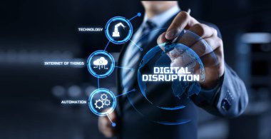 Dijital bozulma endüstri dönüşüm teknolojisi devrim kavramı. İş adamı ekrandaki düğmeye basıyor.