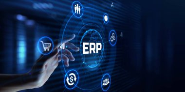 ERP Enterprise Resources planlama yazılımı sistemi iş süreci otomasyon konsepti. Ekrandaki el düğmesine bas.