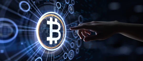 Bitcoin BTC Concepto de comercio de dinero digital criptomoneda en pantalla virtual — Foto de Stock
