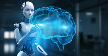 Cyborg Robot 3 boyutlu görüntüleme. Yapay Zeka Makinesi Otomasyon Konseptini Öğreniyor