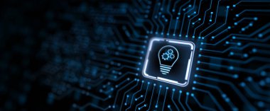 İş icatları teknoloji konsepti. Ekrandaki sanal düğme.