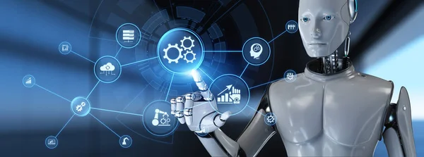 Gears Üzleti ipari folyamat munkafolyamat robotautomatizálás RPA. Robot nyomógomb a képernyőn 3d render. — Stock Fotó