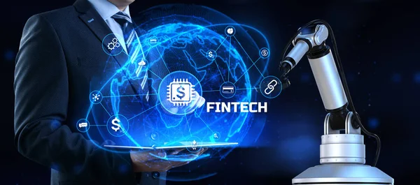 FINTECH Финансовые технологии онлайн-банкинга электронных платежей. 3D рендеринг роботизированной руки — стоковое фото