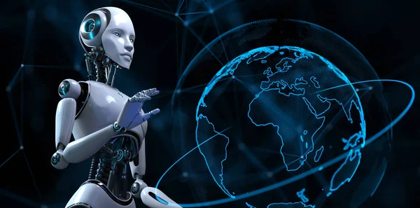 Cyborg Robot 3d καθιστούν plexus φόντο ρομποτική διαδικασία αυτοματισμού AI ανάλυση δεδομένων — Φωτογραφία Αρχείου