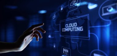 Bulut bilgisayar teknolojisi konsepti. İş altyapı servisi. El basma düğmesi.