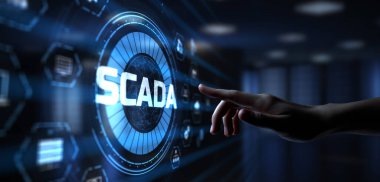 SCADA sistem denetleme ve veri toplama teknolojisi konsepti. El basma düğmesi