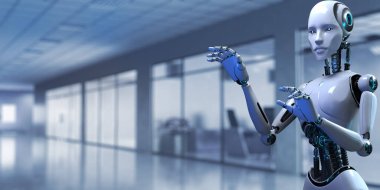 Cyborg Robot 3D bulanık arkaplan görüntüsü. RPA Otomasyon Yapay Zekası