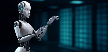 Robot Cyborg 3D görüntüsü bulanık arkaplanda. Yenilik teknolojisi robotlaştırma