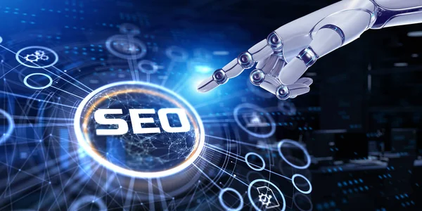 SEO Arama motoru optimizasyonu dijital pazarlama konsepti. 3D render robotu düğmeye bas