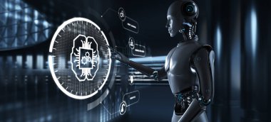 Yapay zeka konsepti sinir ağı. Ekran 3 boyutlu görüntülemedeki robot düğmesine bas.