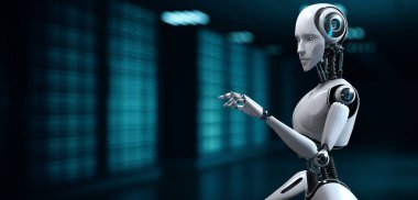 Robot Cyborg 3D görüntüleme. Yapay zeka makinesi öğrenmesi