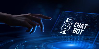 Chatbot sohbet robotu müşteri hizmetleri otomasyonu. Sanal ekrandaki el düğmesine bas.