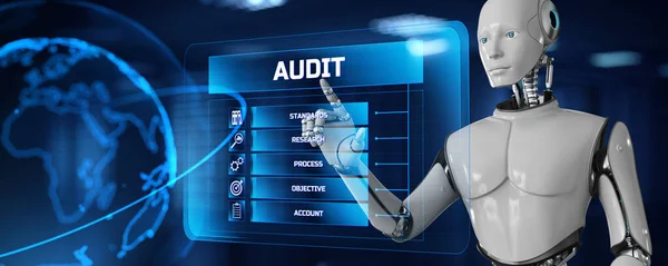 Audit Automatisation robotique des processus RPA concept. Robot appuyant sur le bouton sur l'écran rendu 3d. — Photo