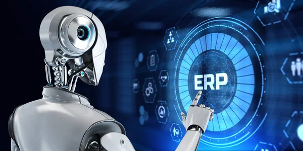 Planificación de recursos ERP Enterprise. Robot pulsar botón en la pantalla de renderizado 3d —  Fotos de Stock