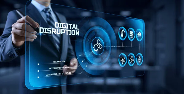 Digital disrupção indústria transformação tecnologia revolução conceito. Empresário pressionando botão na tela. — Fotografia de Stock