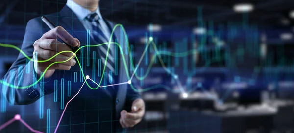 Gráficos financeiros diagrama análise de dados do mercado de ações. Empresário e painel virtual — Fotografia de Stock