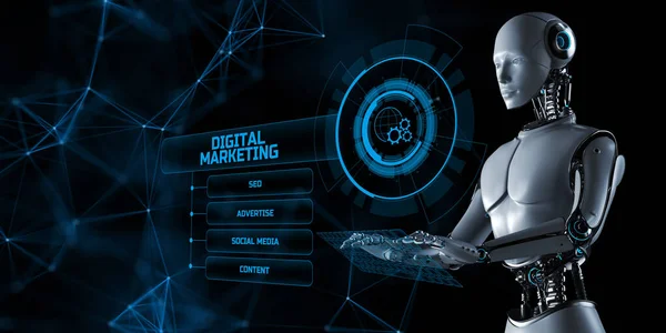 Concepto de automatización de marketing digital. Robot pulsar botón en la pantalla de renderizado 3d. —  Fotos de Stock