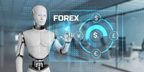 Forex robô negociação conceito de automação. Robô pressionando botão na tela 3d render. — Fotografia de Stock