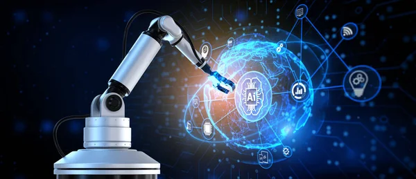 Inteligência artificial indústria inteligente 4.0. Cobot braço robótico 3d render — Fotografia de Stock