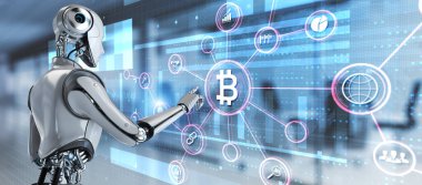 Sanal ekranda Bitcoin BTC Kripto para ticareti konsepti. 3D görüntüleme robotu