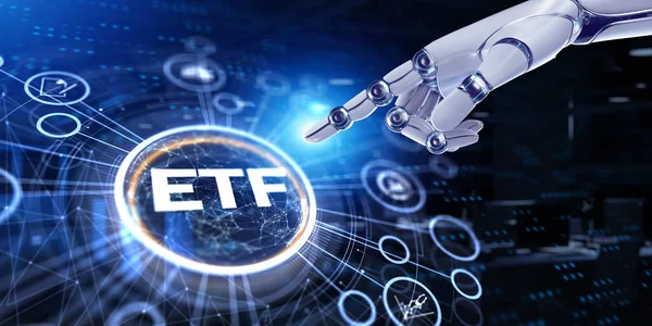 ETF börsengehandelte Fonds Börsengeschäft finanzieren Anlagekonzept. 3D-Render-Roboter drückt Taste — Stockfoto