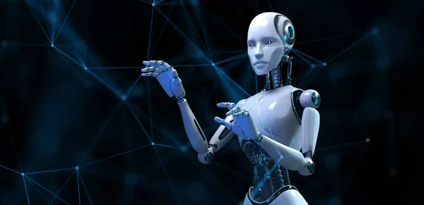 Cyborg Robot 3D Render Plexus Hintergrund Robotik Prozessautomatisierung KI Datenanalyse Stockbild