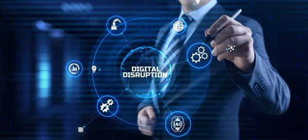 Digital disrupção indústria transformação tecnologia revolução conceito. Empresário pressionando botão na tela — Fotografia de Stock