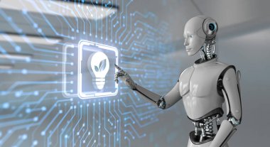 Yeşil enerji alternatif çevre dostu yenilenebilir. Ekran 3 boyutlu görüntülemedeki robot düğmesine bas.