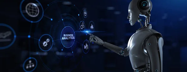 Business Analytics Automatisierungskonzept. Roboter drückt Taste auf dem Bildschirm 3D-Renderer. — Stockfoto
