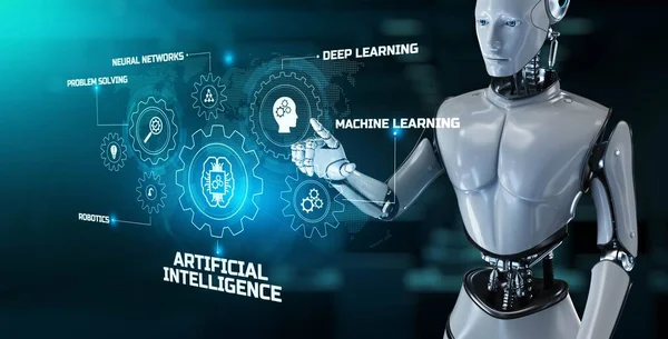 Intelligence artificielle intelligence artificielle apprentissage automatique automatisation robotique. Robot appuyant sur le bouton de rendu 3d. Photo De Stock