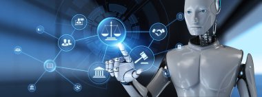 Hukuk Avukatı hukuk hukuku kavramı. Ekran 3 boyutlu görüntülemedeki robot düğmesine bas.
